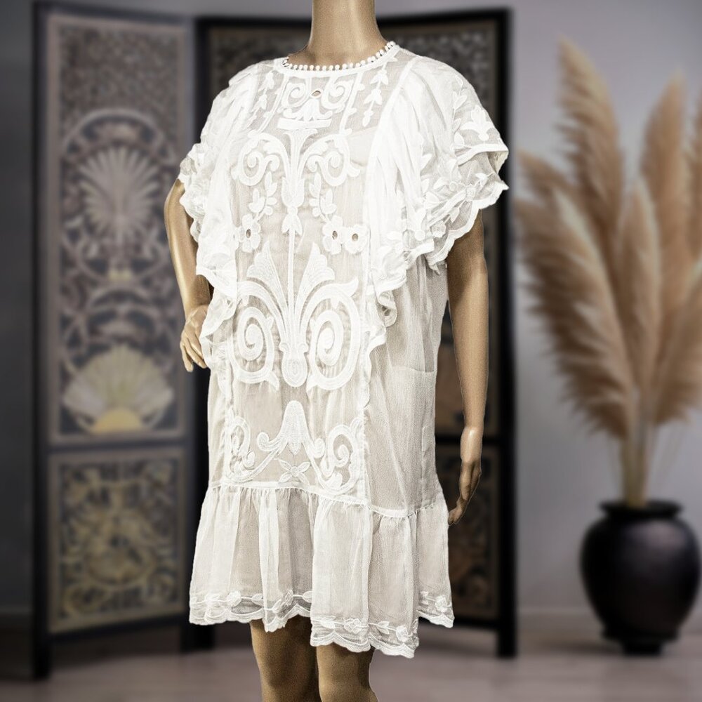 STELLAH White Semi Sheer Cottagecore Lace Mini Dress M NWT